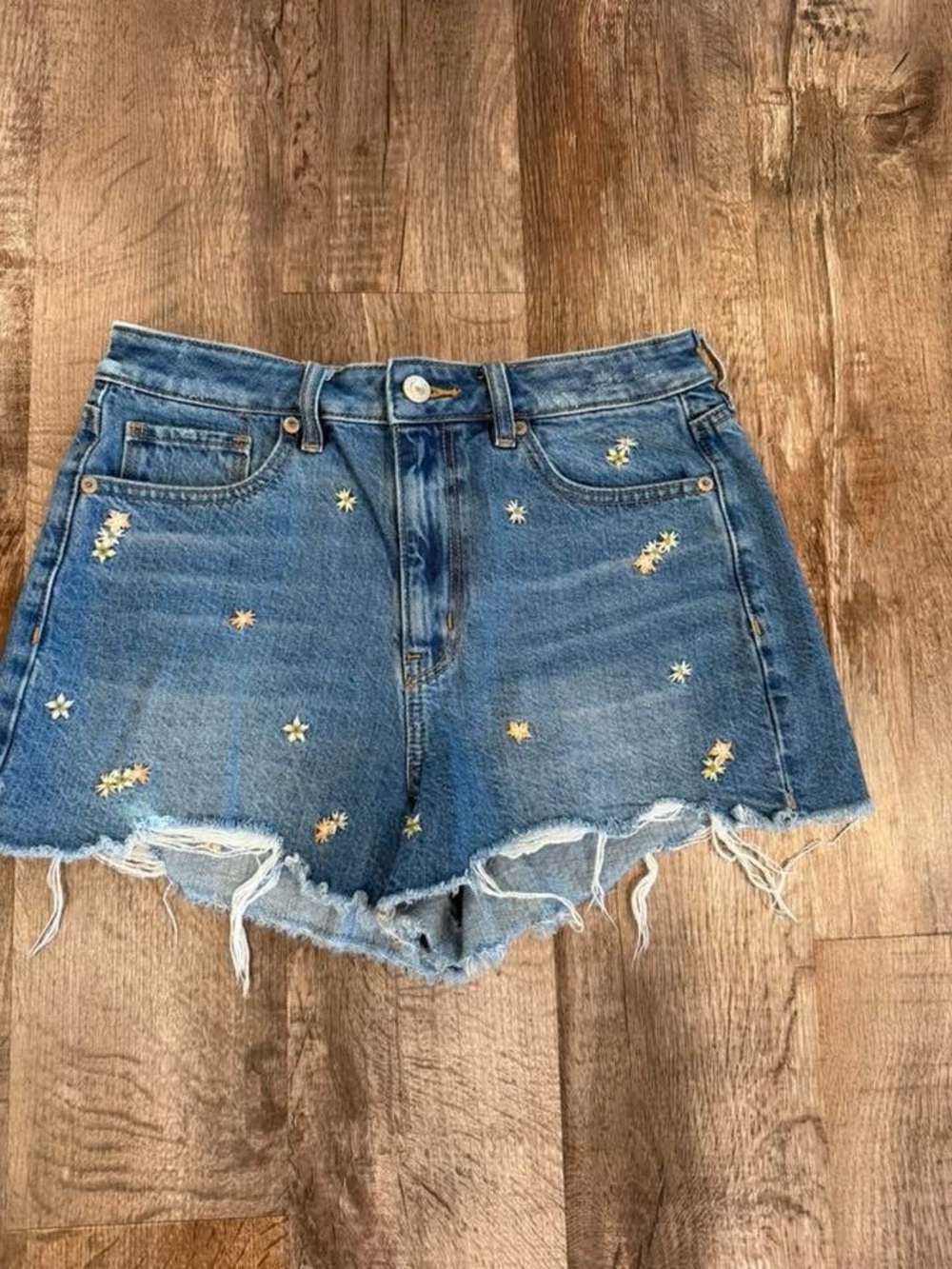 American Eagle Outfitters Blue Denim High-Rise Embroidered Flower Shorts